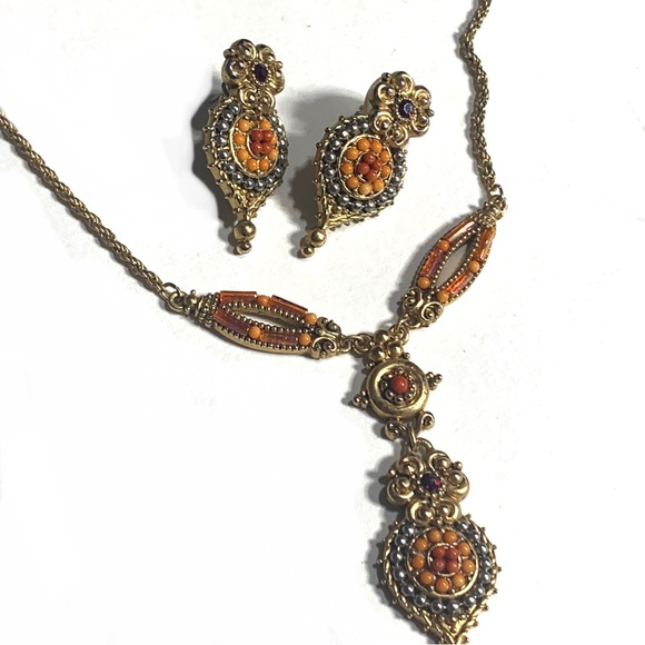 Coral Beaded Y Drop Pendant Necklace & Earrings Set Ornate Faux Garnets - Picture 5 of 8